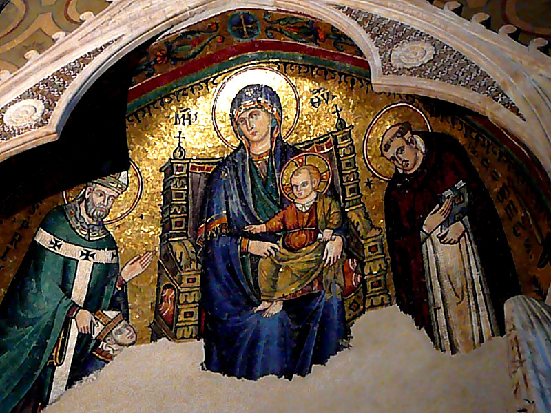Giovanni di Cosma: Privatus (t.v.) med Maria og Jesusbarnet samt Dominikus (t.h.), mosaikk fra 1296 i kirken Santa Maria sopra Minerva i Roma